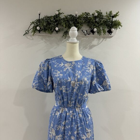 Wayf Blue Floral Tiered Puff Sleeve Boho Maxi Dress Cut Out Sides NEW large - Picture 4 of 6